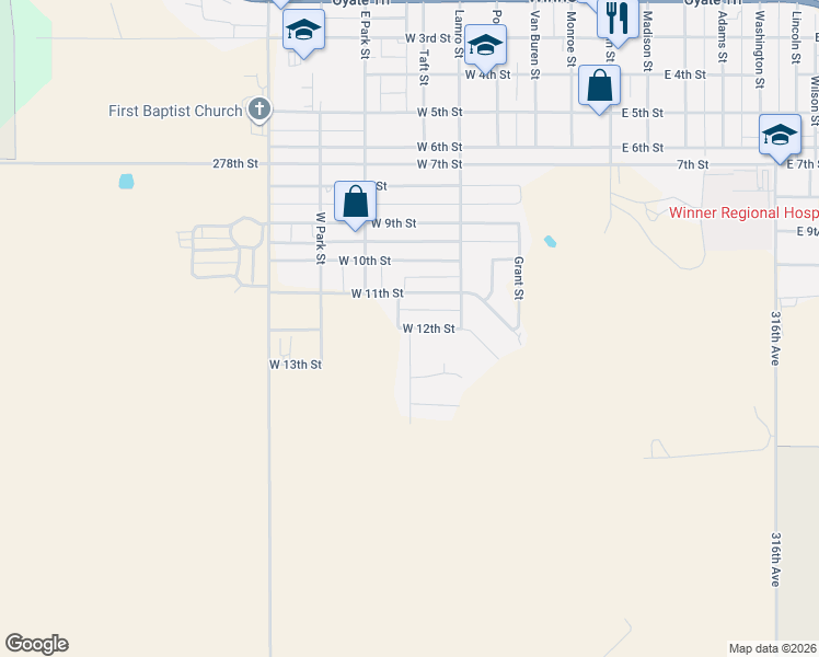 map of restaurants, bars, coffee shops, grocery stores, and more near 1200 Sunset Avenue in Winner
