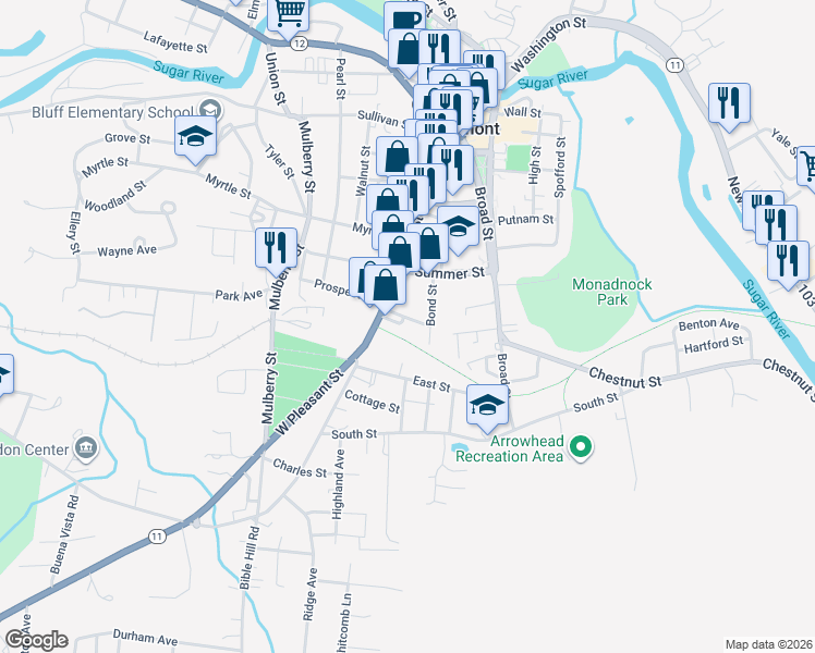 map of restaurants, bars, coffee shops, grocery stores, and more near 18 East Street in Claremont