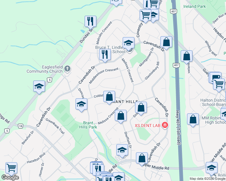 map of restaurants, bars, coffee shops, grocery stores, and more near 2358 Holyhead Drive in Burlington