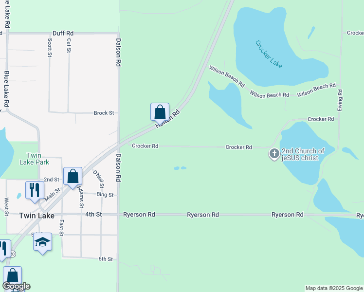 map of restaurants, bars, coffee shops, grocery stores, and more near 3601 Crocker Road in Twin Lake