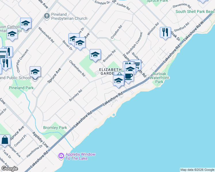 map of restaurants, bars, coffee shops, grocery stores, and more near 5165 Banting Court in Burlington