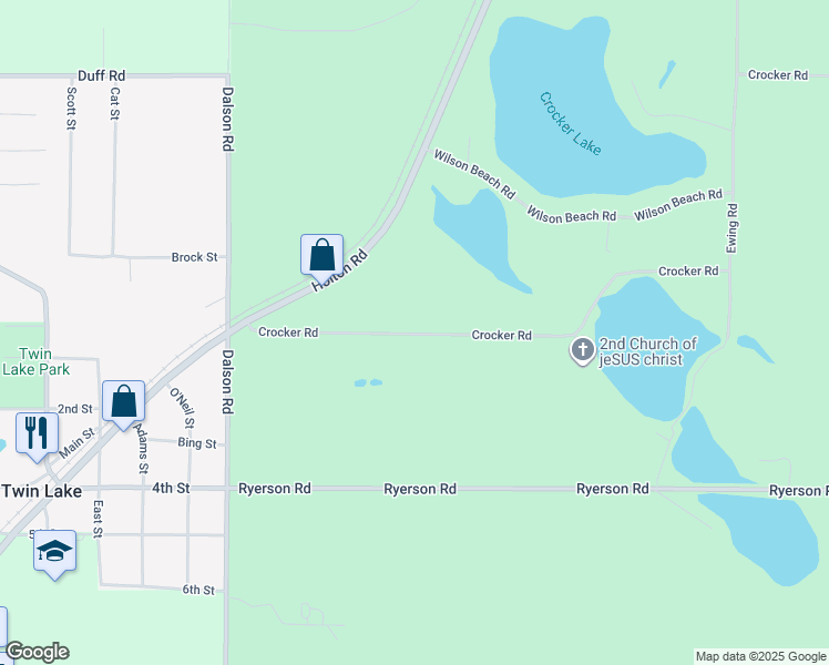 map of restaurants, bars, coffee shops, grocery stores, and more near 3601 Crocker Road in Twin Lake