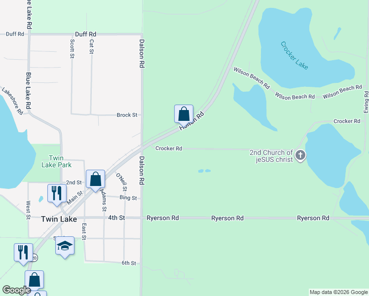 map of restaurants, bars, coffee shops, grocery stores, and more near 3520 Crocker Road in Twin Lake