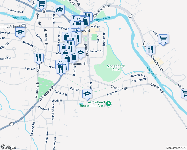 map of restaurants, bars, coffee shops, grocery stores, and more near 200 Broad Street in Claremont