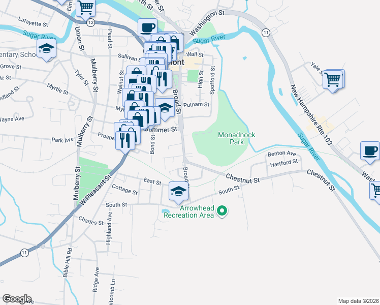 map of restaurants, bars, coffee shops, grocery stores, and more near 220 Broad Street in Claremont