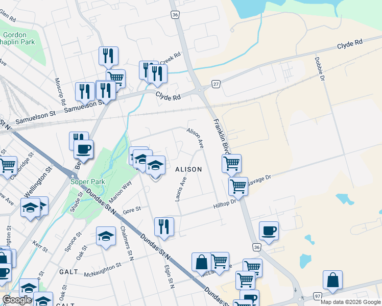 map of restaurants, bars, coffee shops, grocery stores, and more near 108 Lauris Avenue in Cambridge