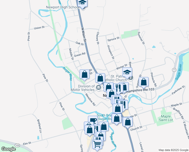map of restaurants, bars, coffee shops, grocery stores, and more near 86 North Main Street in Newport