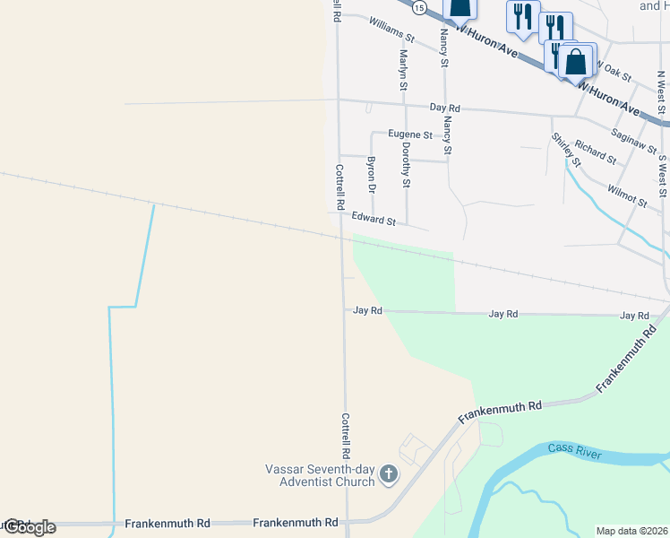 map of restaurants, bars, coffee shops, grocery stores, and more near 4950 Cottrell Road in Vassar