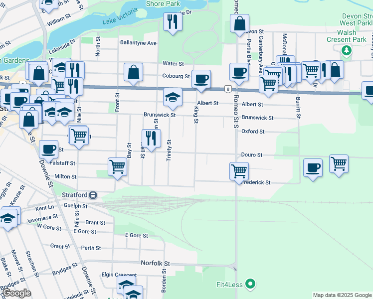 map of restaurants, bars, coffee shops, grocery stores, and more near 298 Douro Street in Stratford
