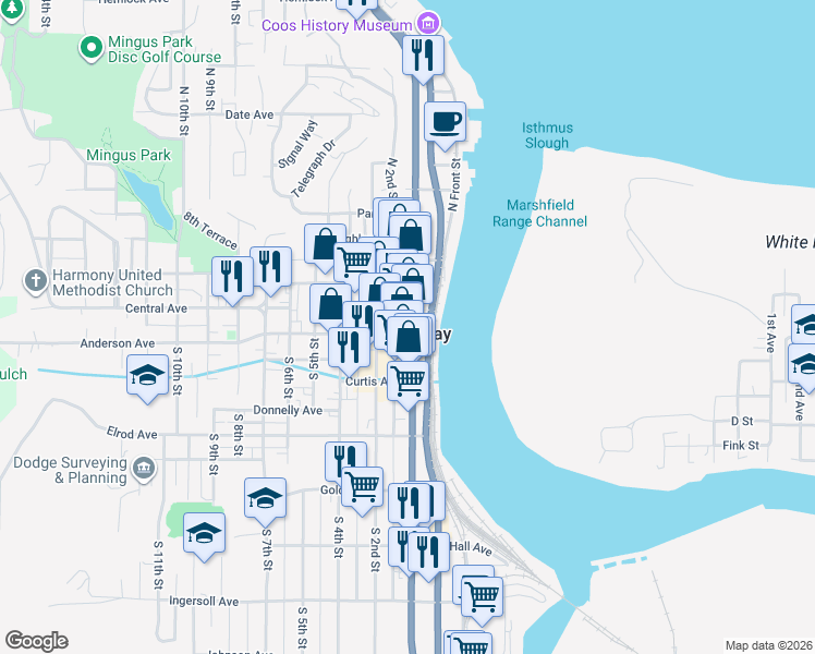 map of restaurants, bars, coffee shops, grocery stores, and more near 130 Central Avenue in Coos Bay