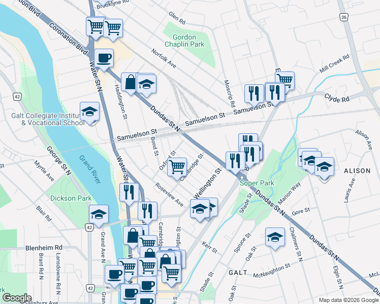map of restaurants, bars, coffee shops, grocery stores, and more near 39 Portland Street in Cambridge