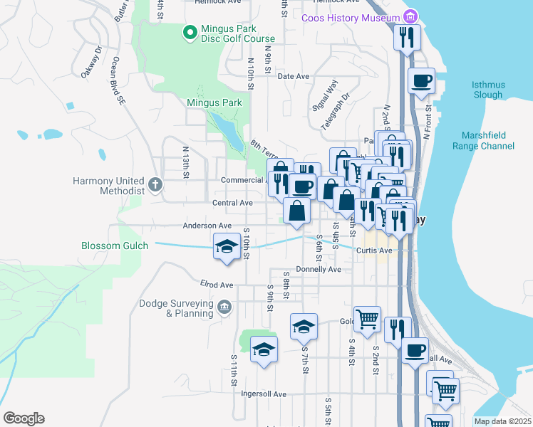 map of restaurants, bars, coffee shops, grocery stores, and more near 151 South 9th Street in Coos Bay