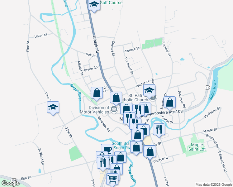 map of restaurants, bars, coffee shops, grocery stores, and more near 93 Main Street in Newport