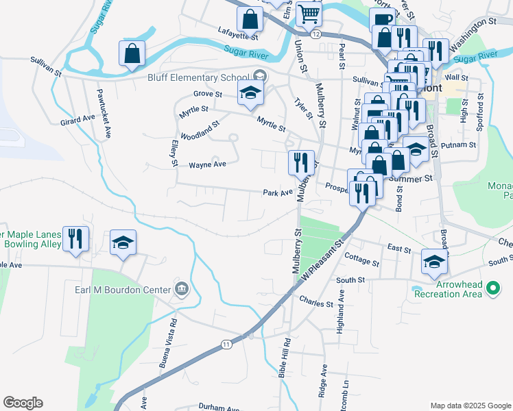 map of restaurants, bars, coffee shops, grocery stores, and more near 26 Park Avenue in Claremont