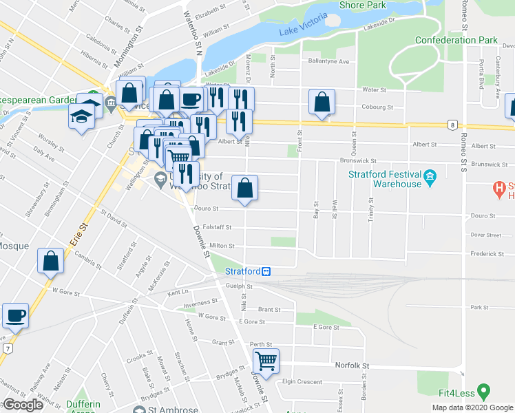 map of restaurants, bars, coffee shops, grocery stores, and more near in Stratford