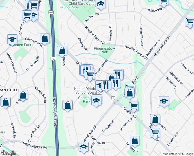 map of restaurants, bars, coffee shops, grocery stores, and more near 3050 Pinemeadow Drive in Burlington