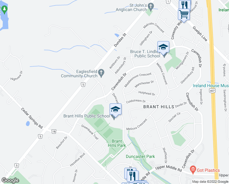 map of restaurants, bars, coffee shops, grocery stores, and more near 2379 Duncaster Drive in Burlington