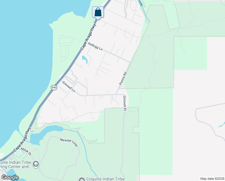 map of restaurants, bars, coffee shops, grocery stores, and more near 64266 Penny Road in Coos Bay