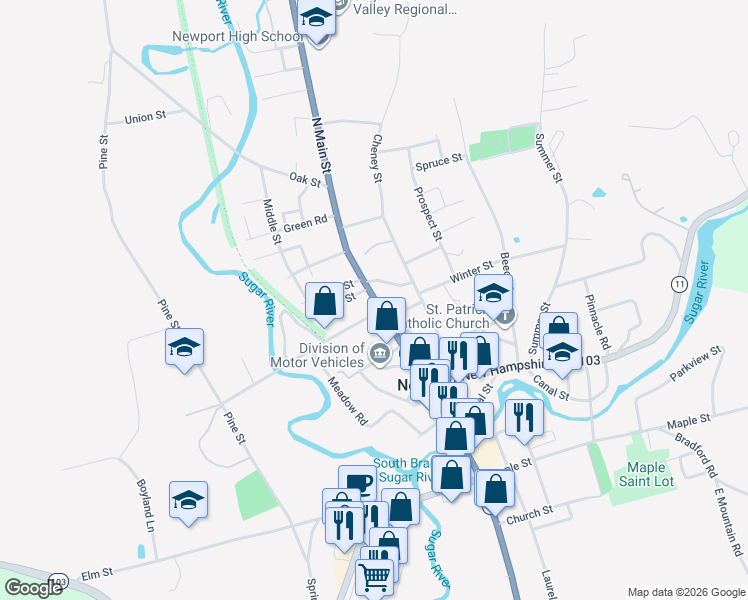 map of restaurants, bars, coffee shops, grocery stores, and more near 58 North Main Street in Newport