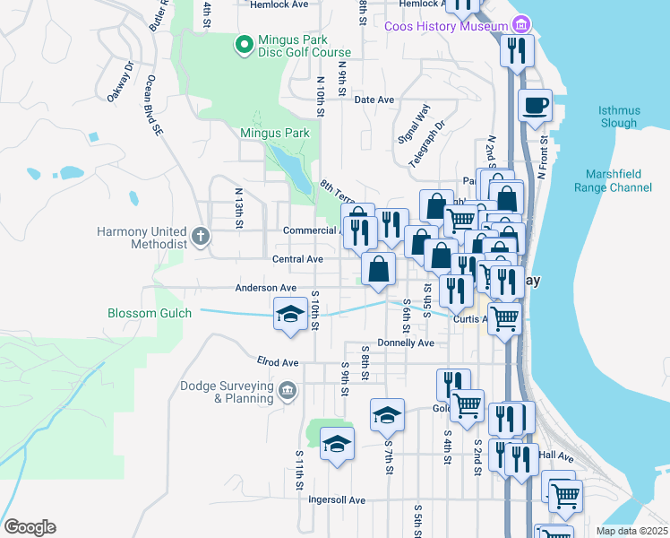 map of restaurants, bars, coffee shops, grocery stores, and more near 890 Central Avenue in Coos Bay