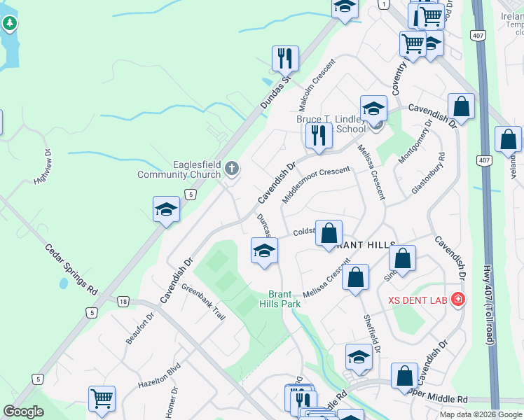map of restaurants, bars, coffee shops, grocery stores, and more near 2589 Cavendish Drive in Burlington