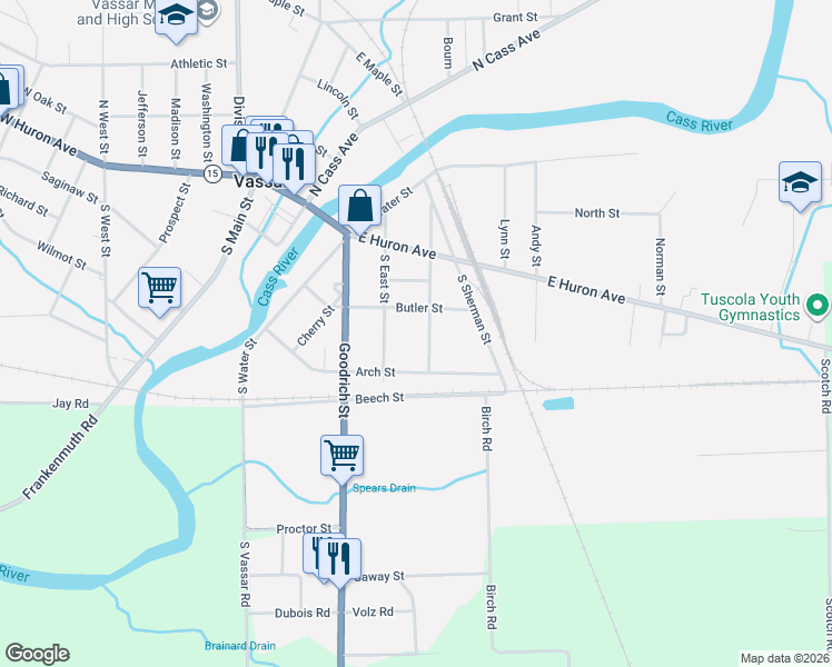 map of restaurants, bars, coffee shops, grocery stores, and more near 216 South Sheridan Street in Vassar