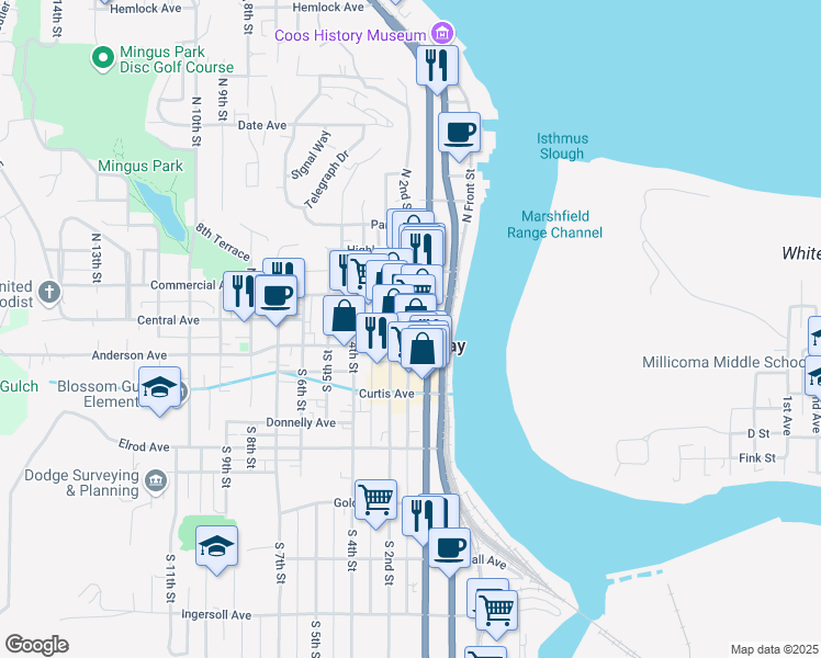 map of restaurants, bars, coffee shops, grocery stores, and more near 130 Central Avenue in Coos Bay