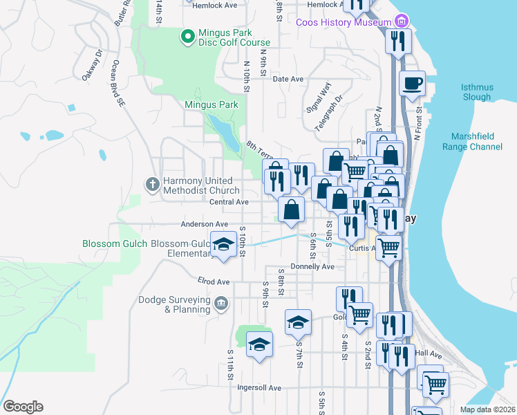 map of restaurants, bars, coffee shops, grocery stores, and more near 890 Central Avenue in Coos Bay