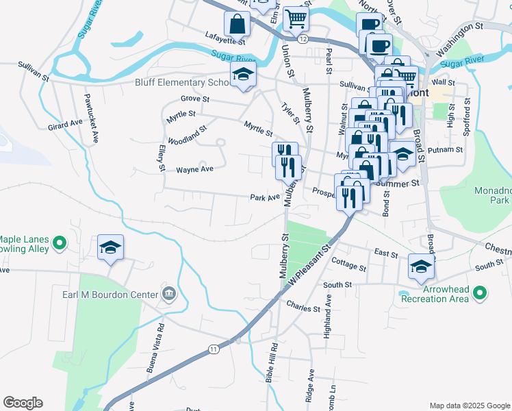 map of restaurants, bars, coffee shops, grocery stores, and more near 12 Park Avenue in Claremont