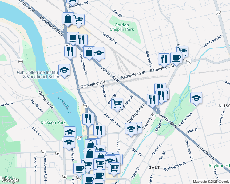 map of restaurants, bars, coffee shops, grocery stores, and more near 36 Oxford Street in Cambridge
