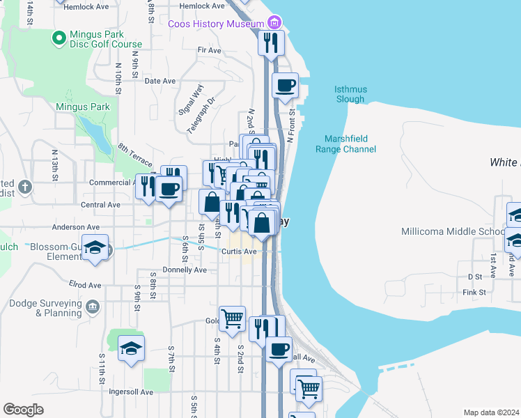 map of restaurants, bars, coffee shops, grocery stores, and more near 125 Central Avenue in Coos Bay