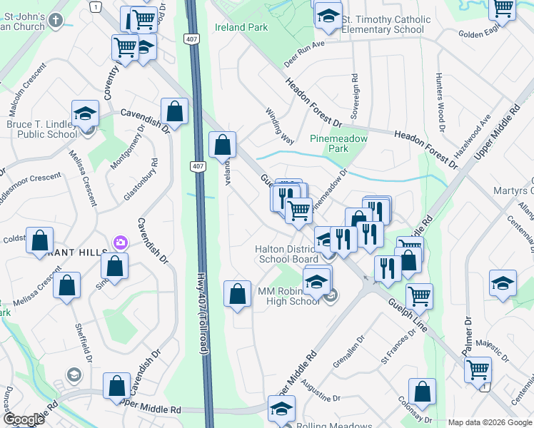 map of restaurants, bars, coffee shops, grocery stores, and more near 2168 Guelph Line in Burlington