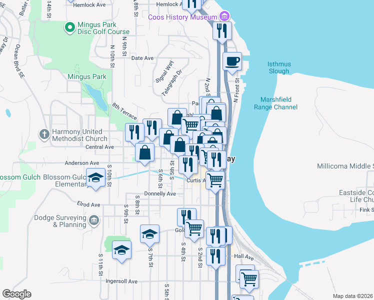 map of restaurants, bars, coffee shops, grocery stores, and more near 114 South 4th Street in Coos Bay