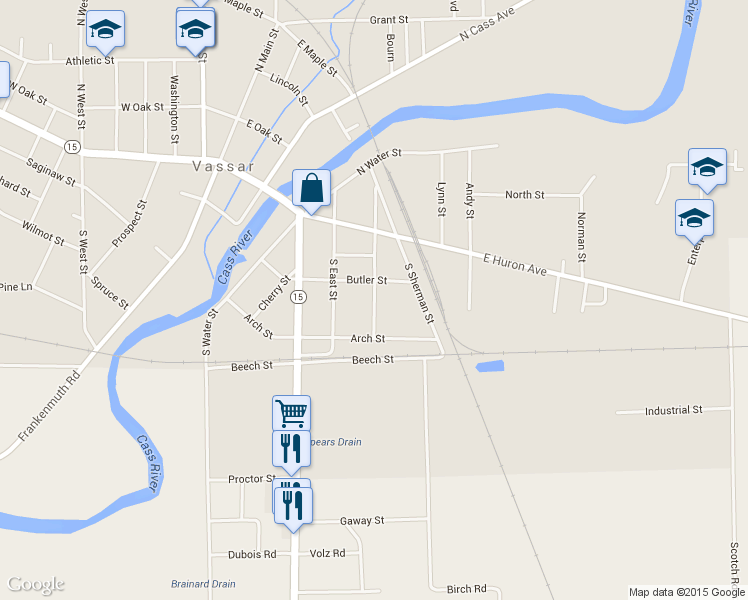 map of restaurants, bars, coffee shops, grocery stores, and more near 216 South Sheridan Street in Vassar