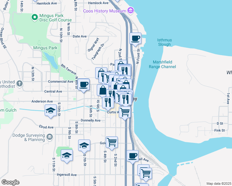 map of restaurants, bars, coffee shops, grocery stores, and more near 201 Central Avenue in Coos Bay