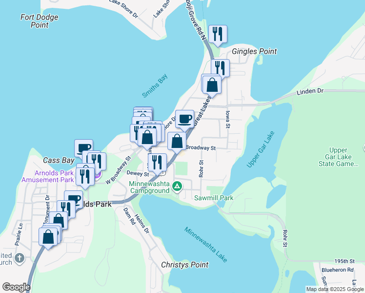 map of restaurants, bars, coffee shops, grocery stores, and more near 10 Broadway Street in Arnolds Park