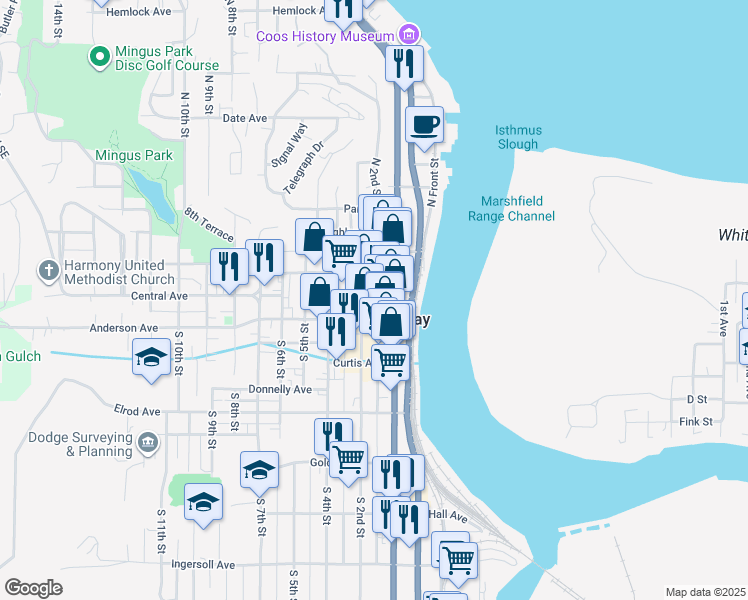 map of restaurants, bars, coffee shops, grocery stores, and more near 130 Central Avenue in Coos Bay
