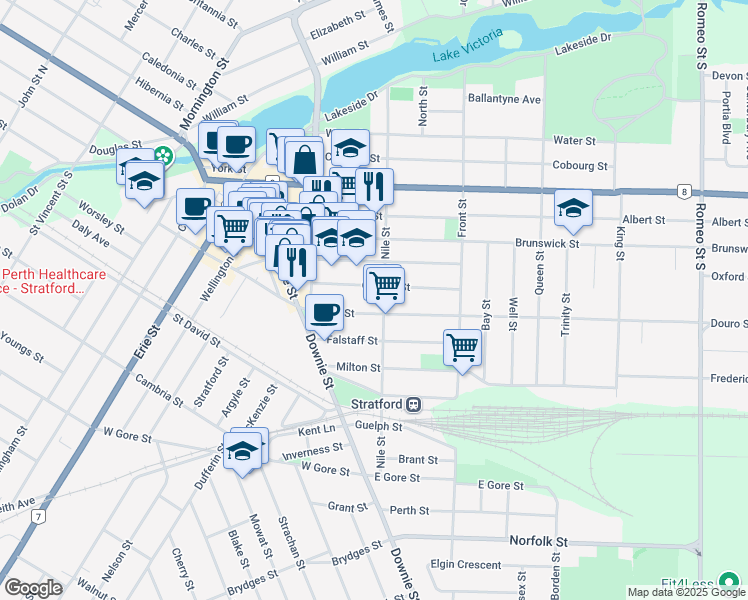 map of restaurants, bars, coffee shops, grocery stores, and more near 59 Grange Street in Stratford