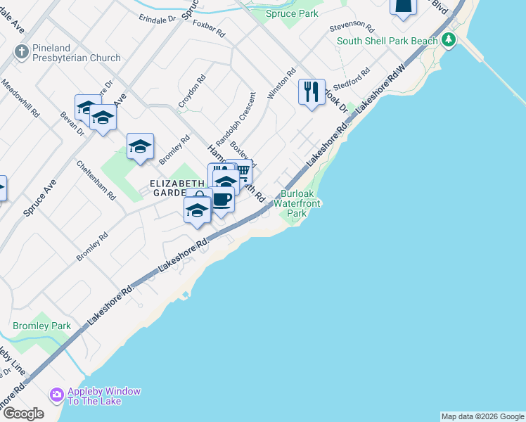 map of restaurants, bars, coffee shops, grocery stores, and more near 5188 Lakeshore Road in Burlington