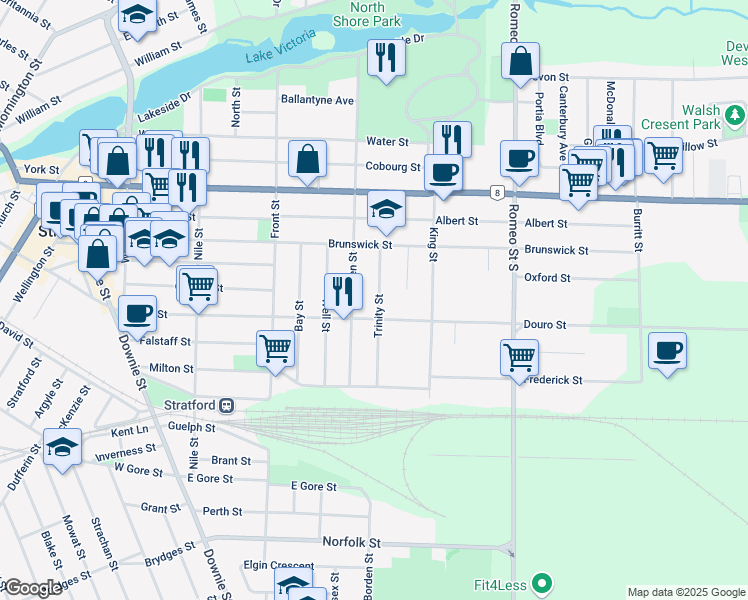 map of restaurants, bars, coffee shops, grocery stores, and more near 60 Trinity Street in Stratford
