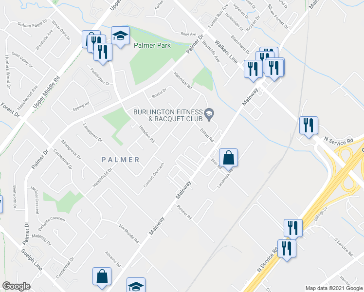 map of restaurants, bars, coffee shops, grocery stores, and more near 3332 Hannibal Road in Burlington