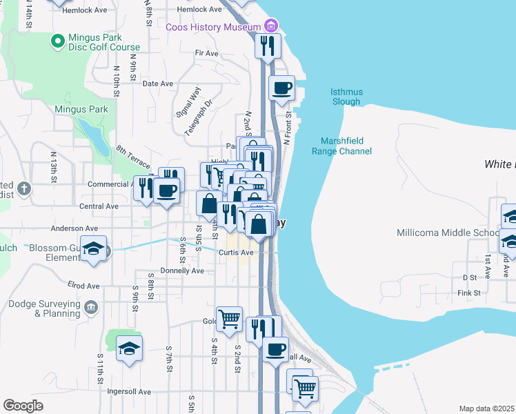map of restaurants, bars, coffee shops, grocery stores, and more near 125 Central Avenue in Coos Bay