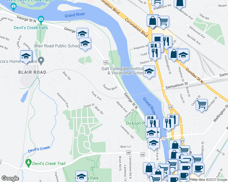 map of restaurants, bars, coffee shops, grocery stores, and more near 6 Bruce Park Court in Cambridge