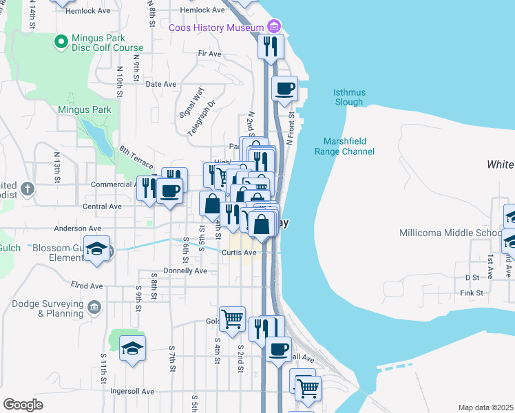 map of restaurants, bars, coffee shops, grocery stores, and more near 150 Central Avenue in Coos Bay