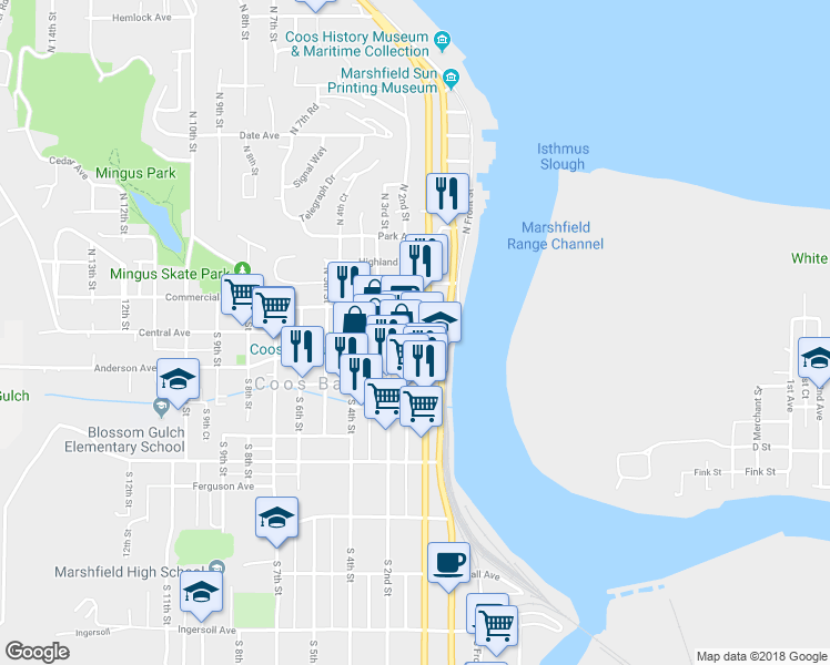 map of restaurants, bars, coffee shops, grocery stores, and more near 150 Central Avenue in Coos Bay