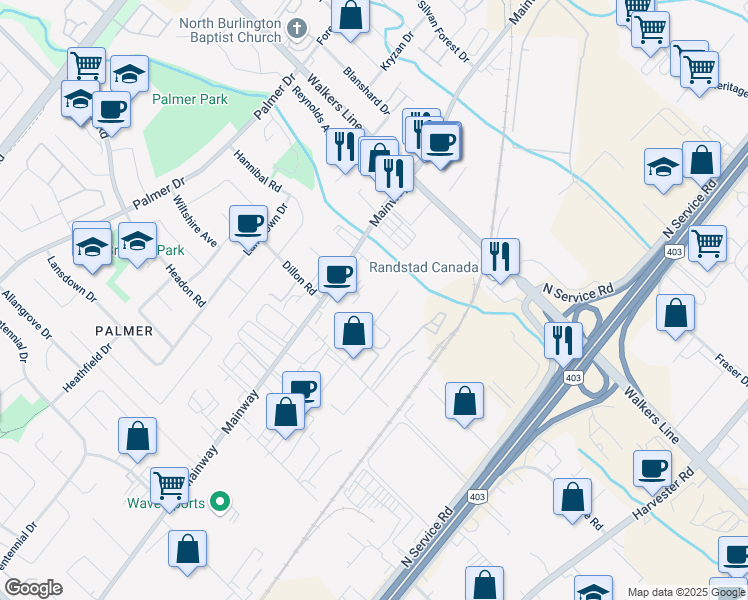 map of restaurants, bars, coffee shops, grocery stores, and more near 3455 Landmark Road in Burlington