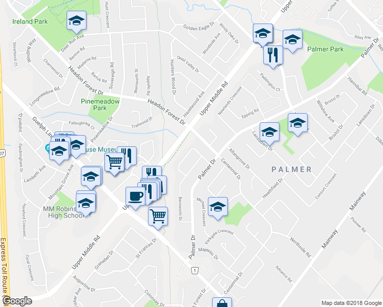 map of restaurants, bars, coffee shops, grocery stores, and more near 1508 Rusholme Crescent in Burlington