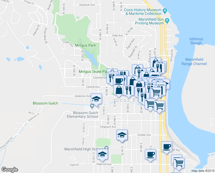 map of restaurants, bars, coffee shops, grocery stores, and more near 890 Central Avenue in Coos Bay