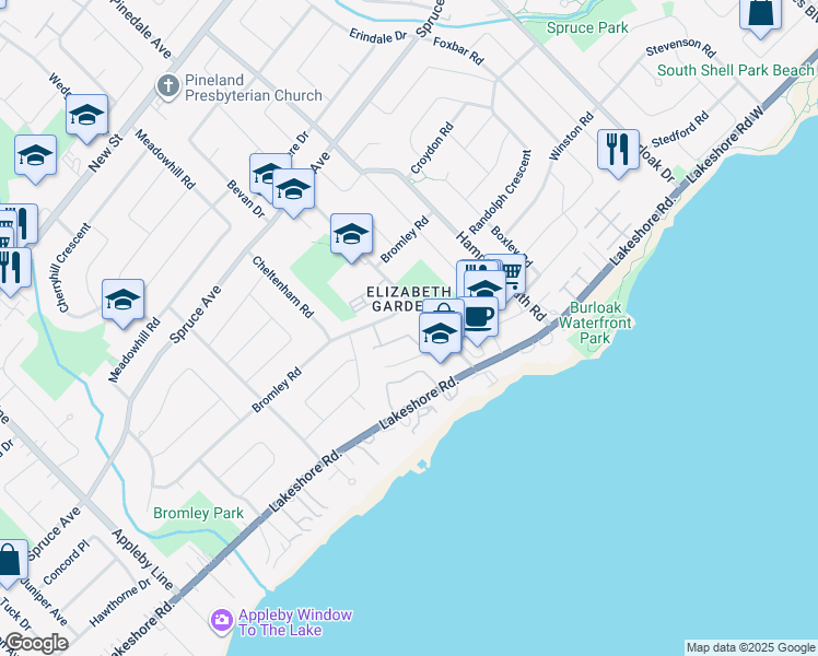 map of restaurants, bars, coffee shops, grocery stores, and more near 5263 Banting Court in Burlington