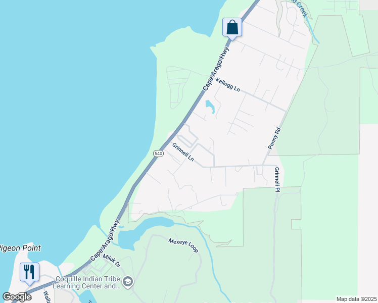 map of restaurants, bars, coffee shops, grocery stores, and more near 10310 Grinnell Lane in Coos Bay